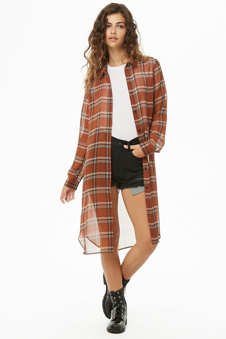 Forever 21 Chiffon Sheer Plaid Shirt 