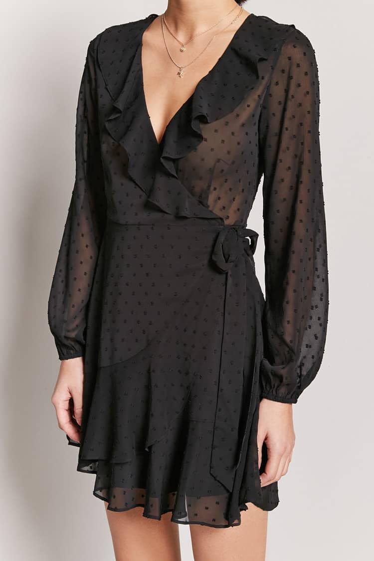 Forever 21 Synthetic Sheer Ruffle Wrap Dress in Black | Lyst