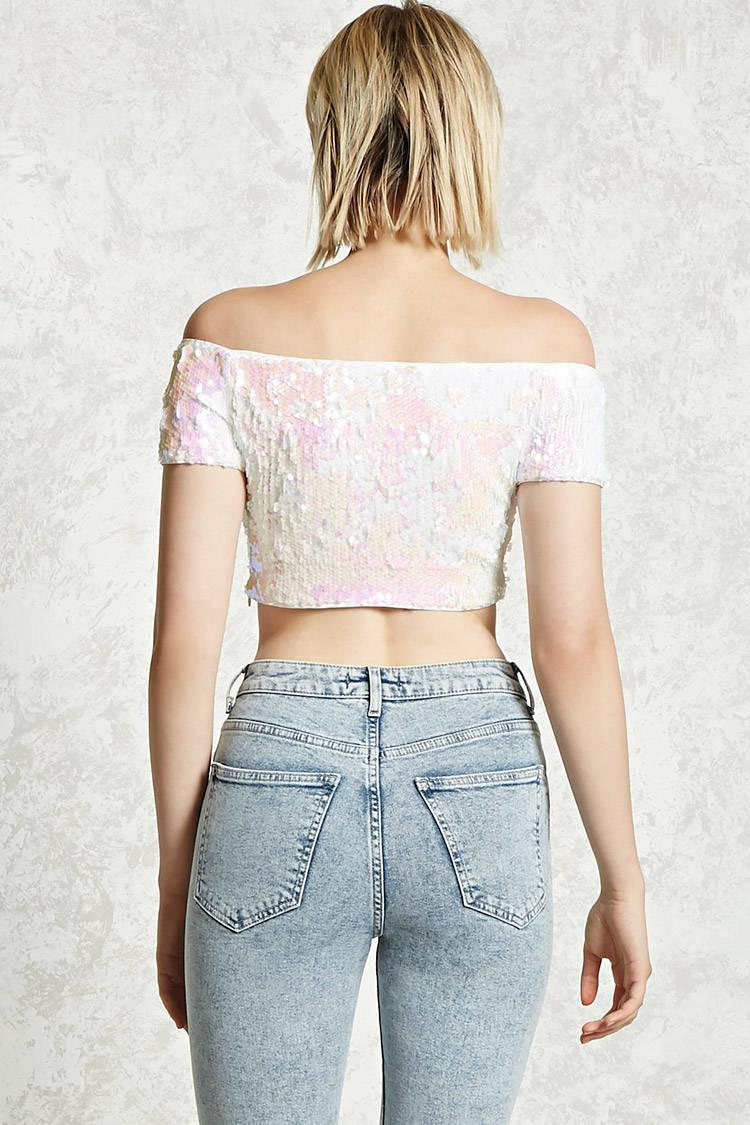 white sequin off the shoulder top