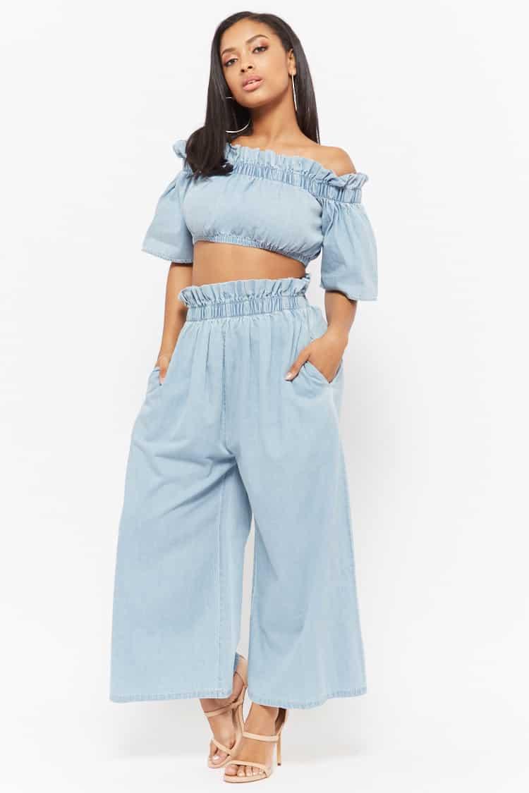 denim crop top and shorts set
