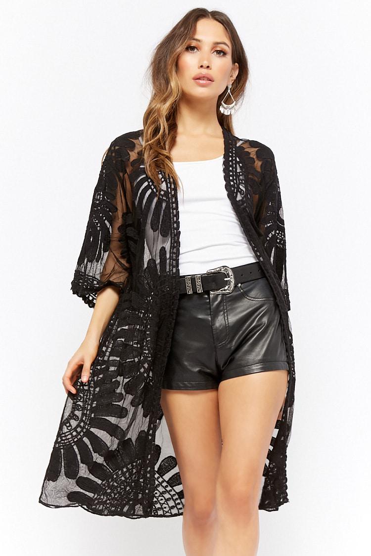 Forever 21 Synthetic Sheer Embroidered Kimono in Black - Lyst