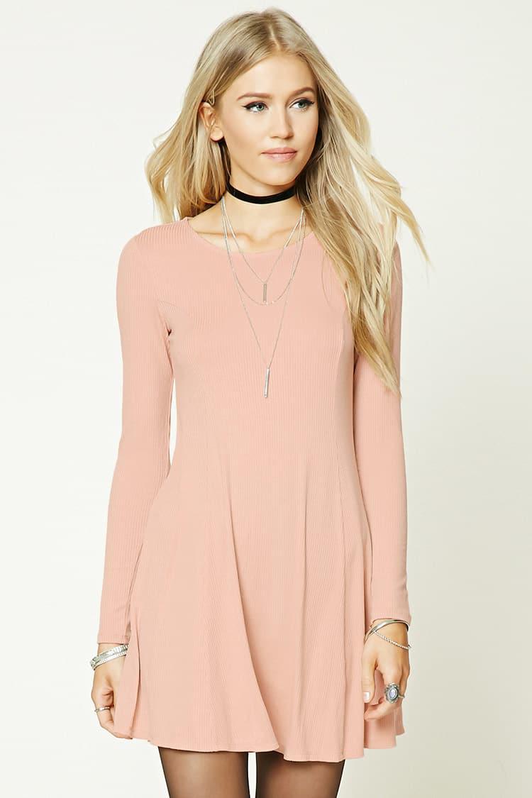 Forever 21 Synthetic Ribbed Knit Swing Mini Dress In Dusty Pink Pink Lyst