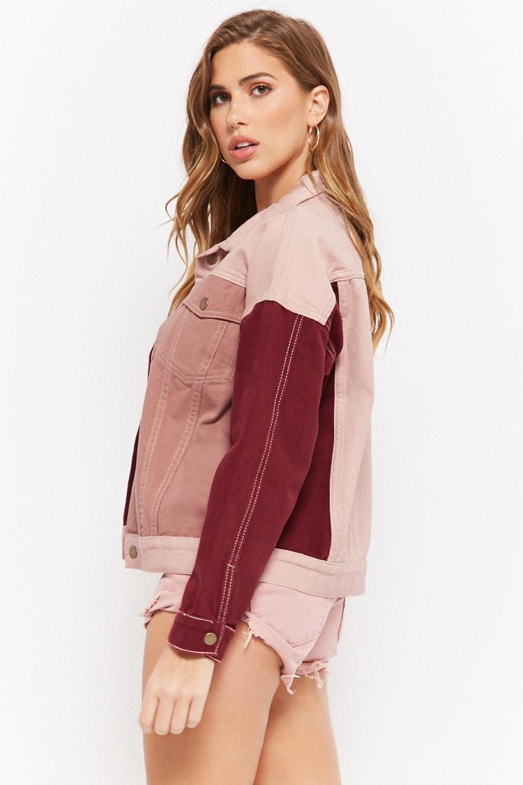 pink color block denim jacket