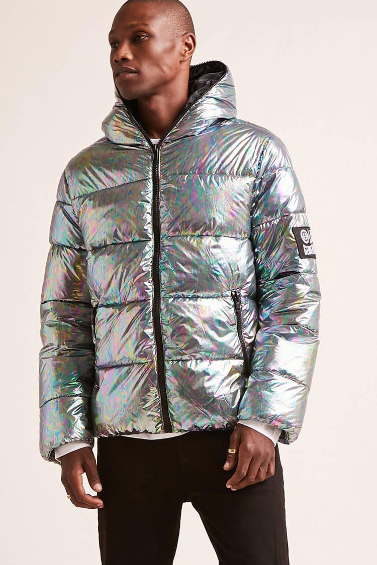Forever 21 Synthetic Hooded Iridescent Puffer Jacket in Green/Black (Green)  for Men - Lyst