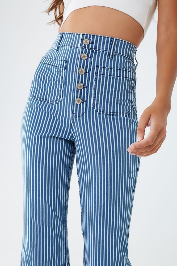 blue and white striped flare jeans