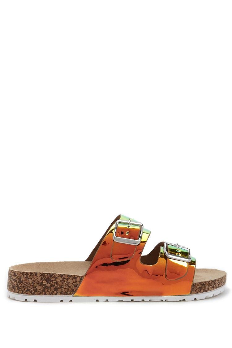 double buckle iridescent slide sandals