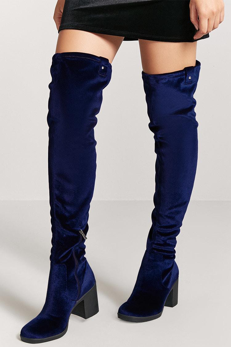 Forever 21 Velvet Thigh High Boots in Navy (Blue) - Lyst