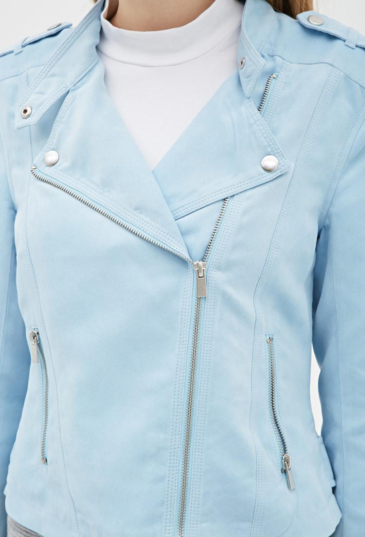 Forever 21 Faux Suede Moto Jacket in Light Blue (Blue) | Lyst