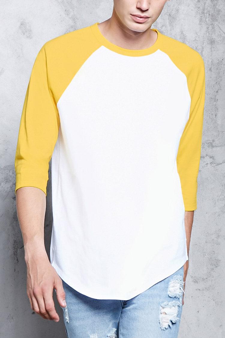 white baseball tee with yellow sleeves