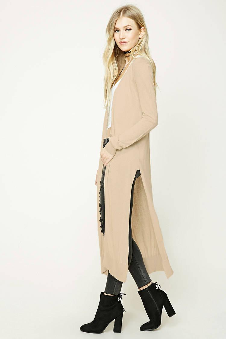 Forever 21 Cotton Longline Side-slit Cardigan in Tan (Natural) - Lyst