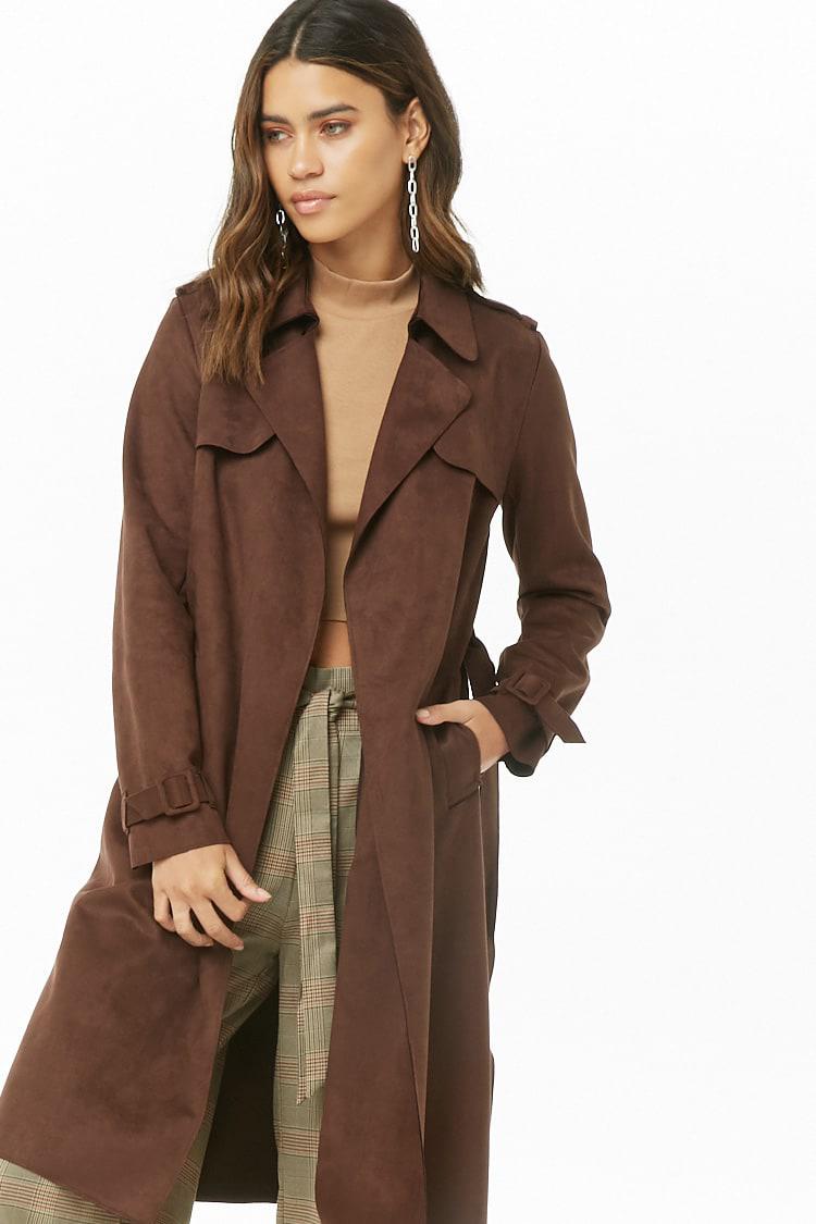 Forever 21 Faux Suede Trench Coat in Brown - Lyst