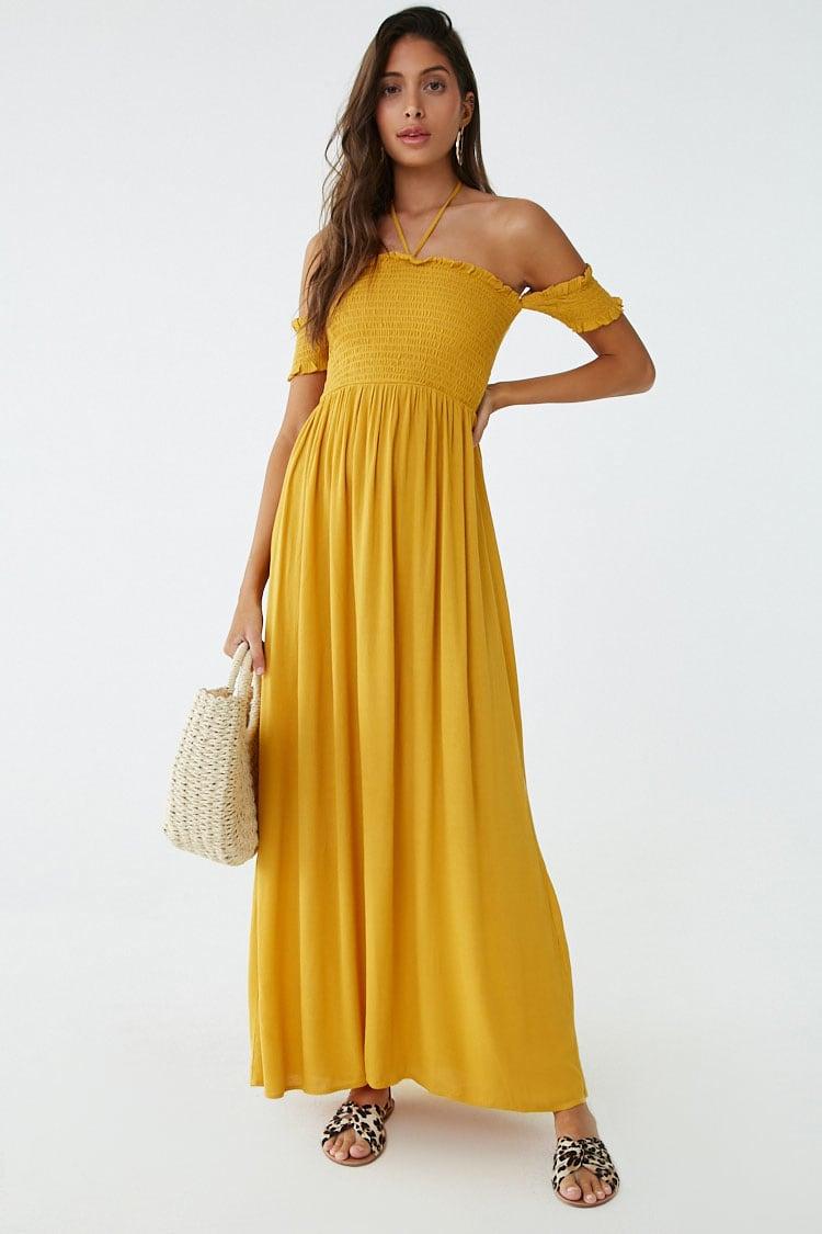 mustard off the shoulder maxi dress