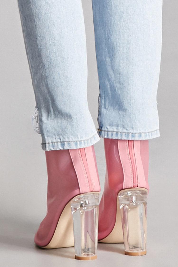 Lucite Heel Tinted Ankle Boots in Pink 