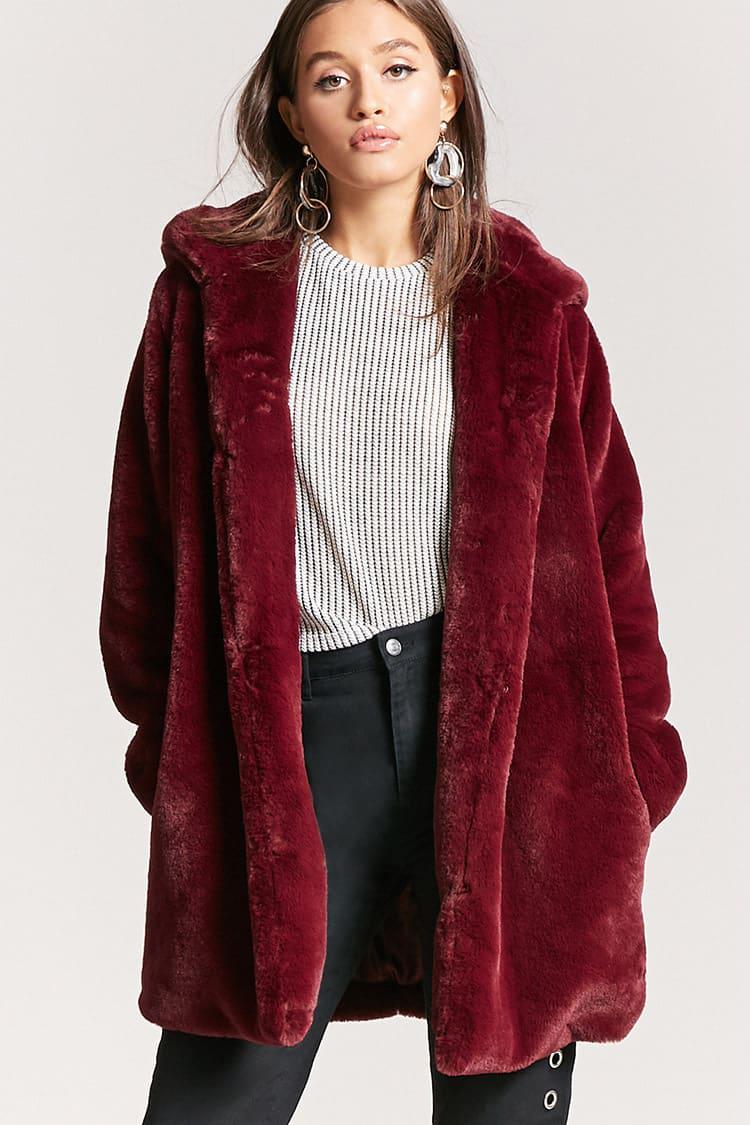 Lyst - Forever 21 Hooded Faux Fur Coat in Red