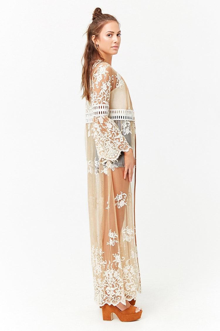 Forever 21 Synthetic Sheer Embroidered Longline Kimono in Nude,Cream  (Natural) | Lyst