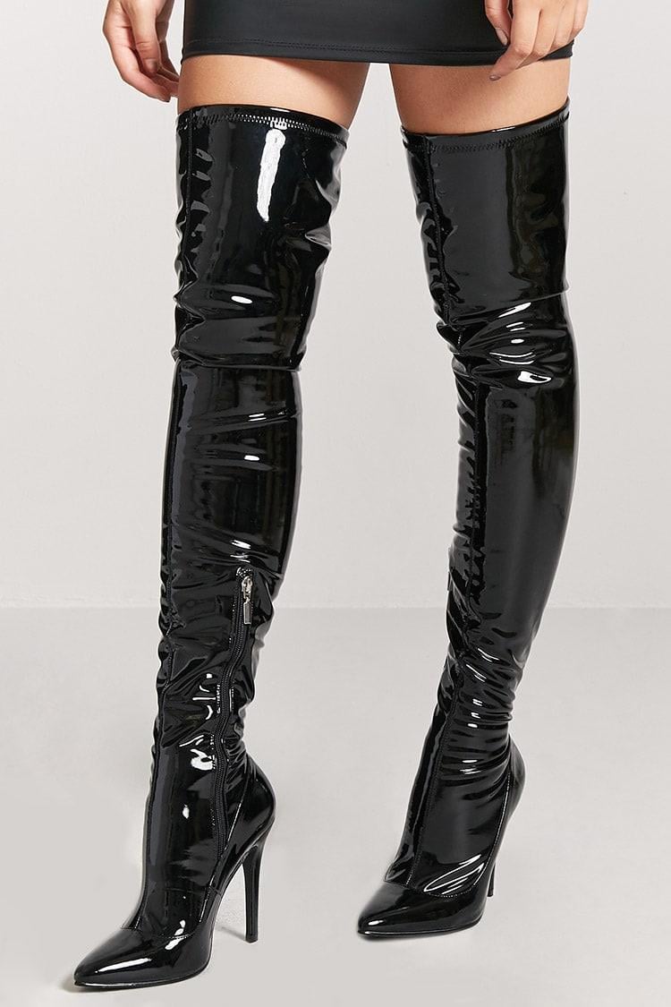 Forever 21 Faux Patent Leather Thigh High Boots In Black Lyst