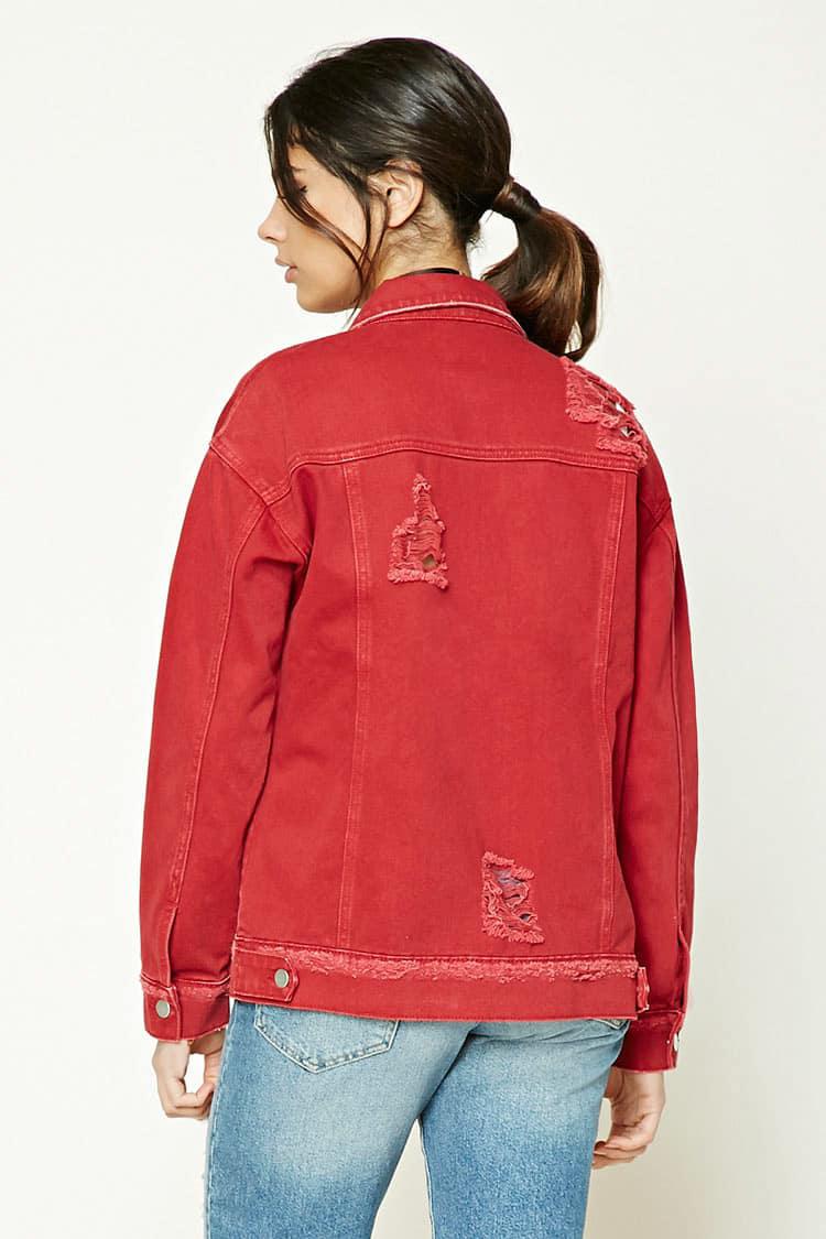 red distressed denim jacket