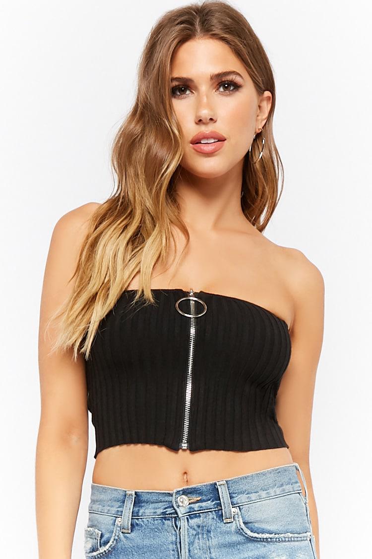 Forever 21 Synthetic Women's Cropped Zip-front Tube Top in Black - Lyst