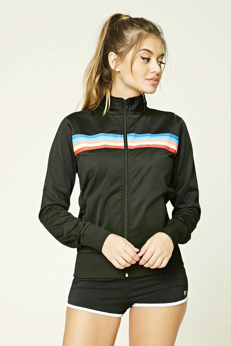 black jacket with rainbow stripes