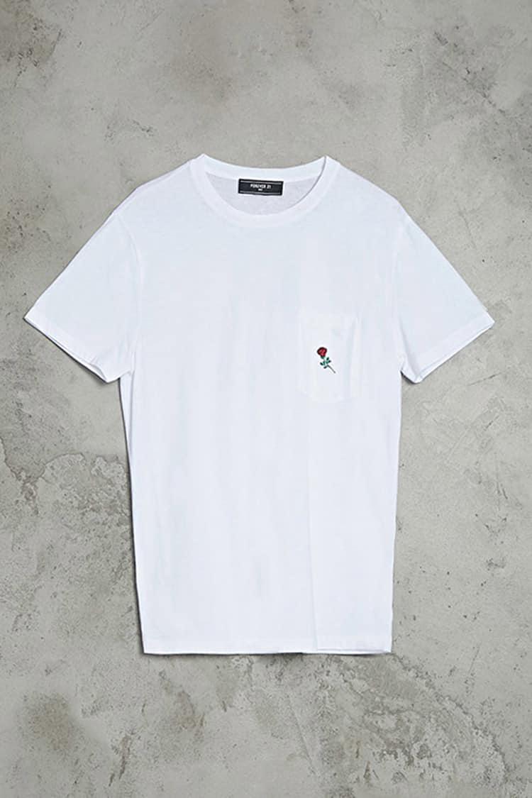 Cotton Embroidered Rose Pocket Tee 