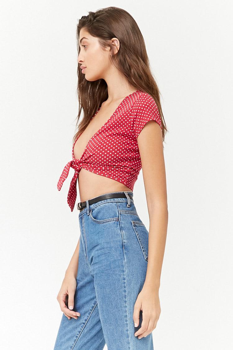 Forever 21 Cotton Polka Dot Tie-front Crop Top in Red/Ivory (Red) - Lyst