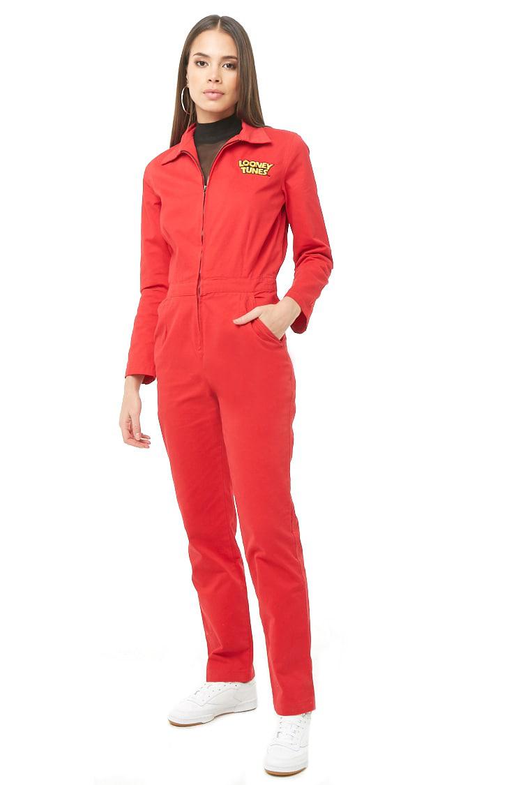 red utility jumpsuit