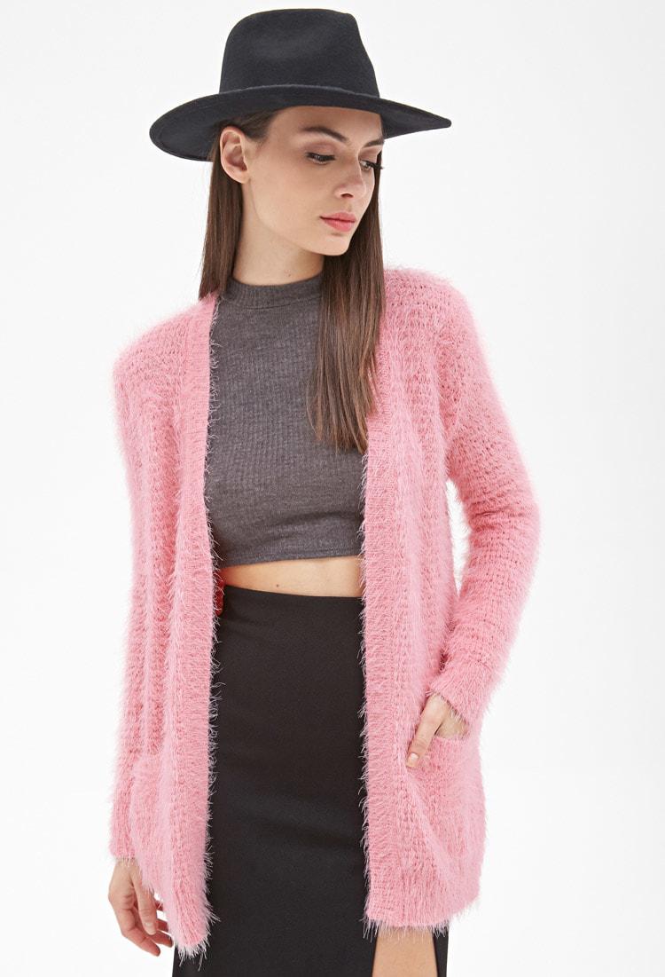 pink fuzzy cardigan