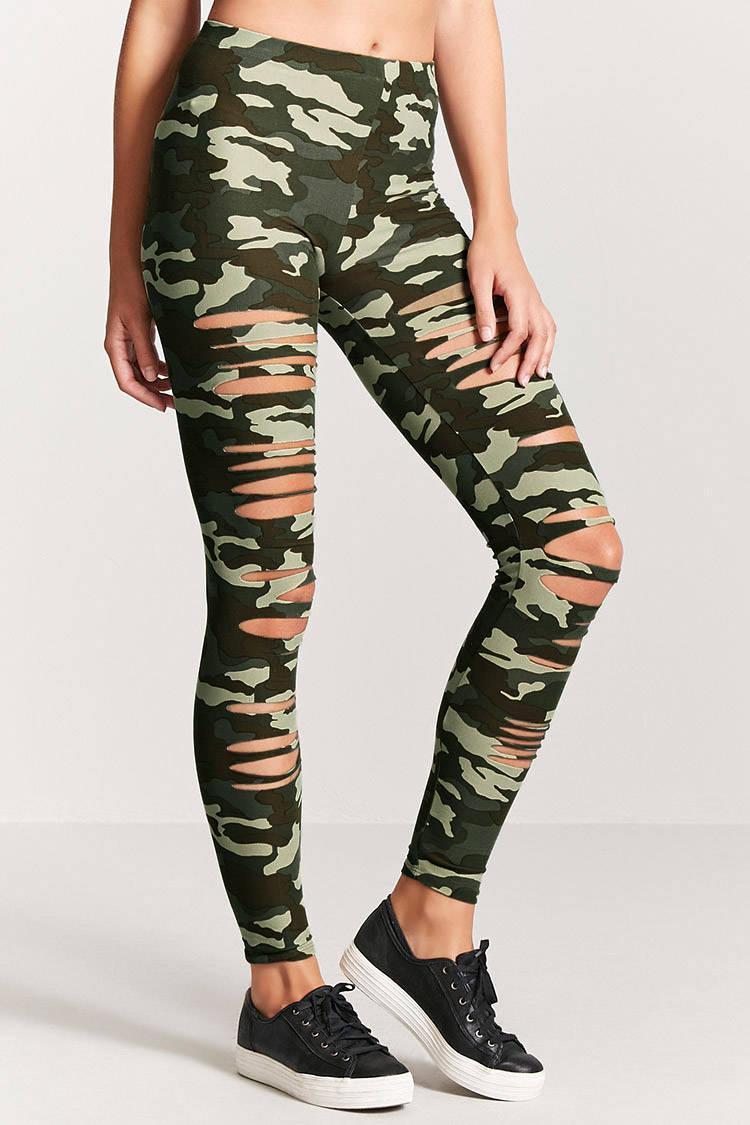 Synthetic Ripped Camo Leggings 