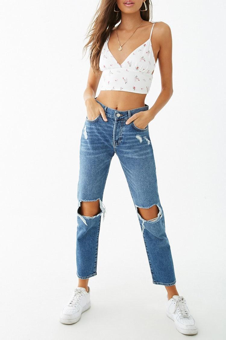 Forever 21 Destroyed High-rise Mom Jeans , Dark Denim in Blue - Lyst