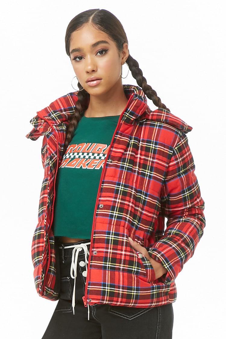 Forever 21 Cotton Women's Plaid Puffer Jacket in Red | Lyst