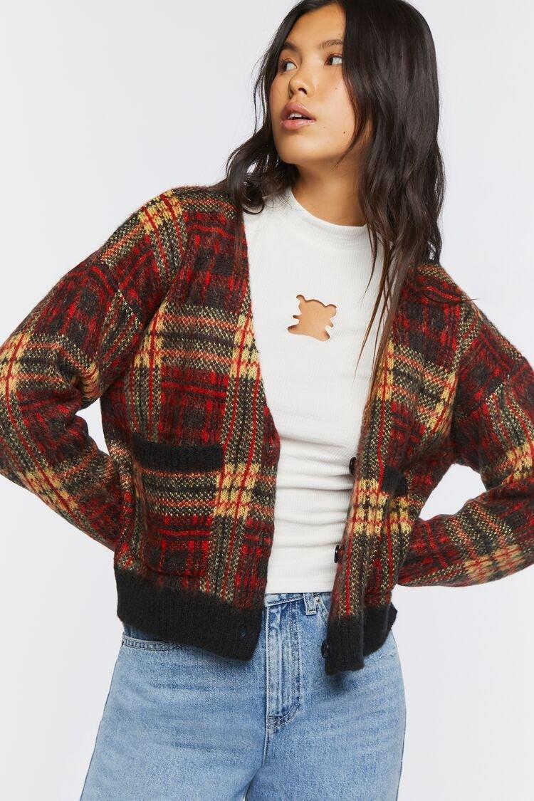 Women Plaid Cardigan Sweater 