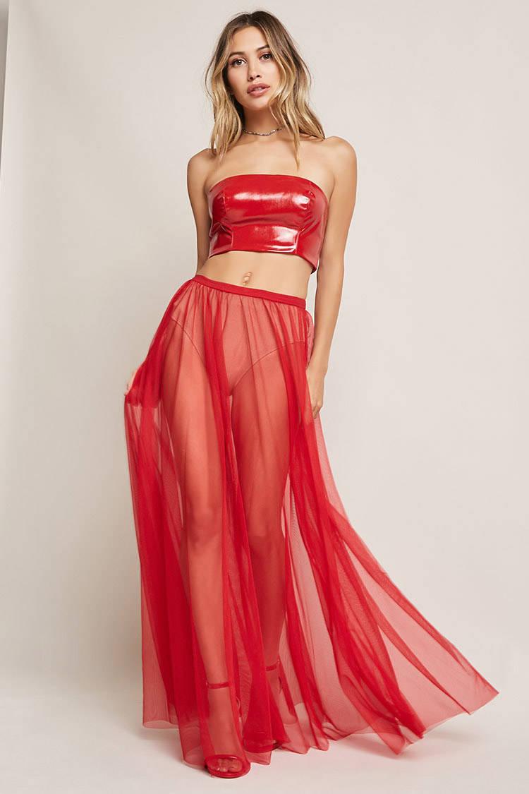 red sheer maxi skirt