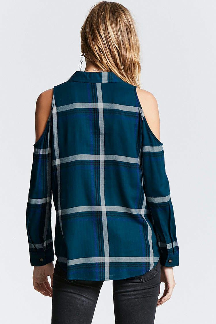 Forever 21 Open-shoulder Flannel Shirt 