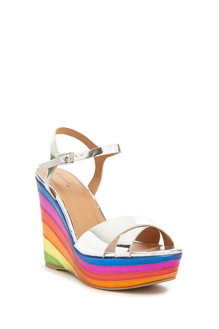 Qupid Metallic Rainbow Platform Wedges 