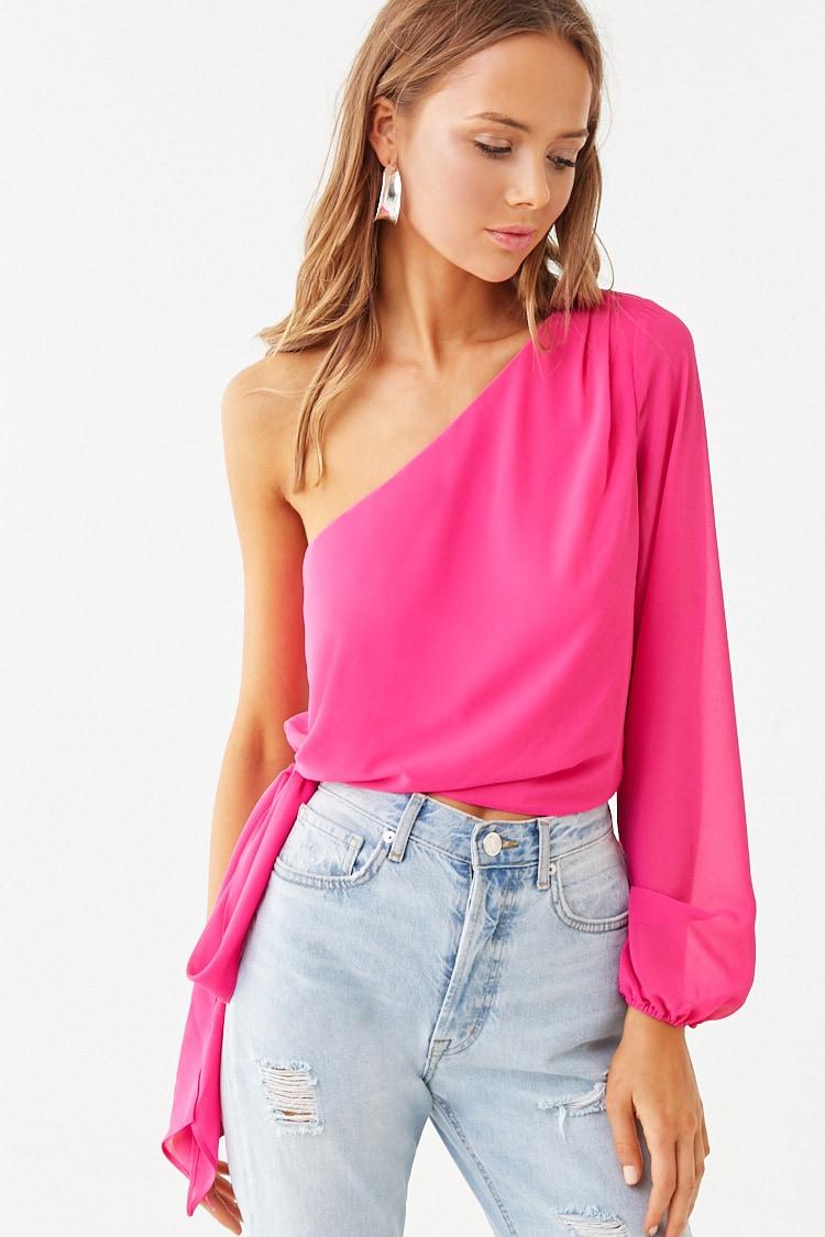 Forever 21 Chiffon One-shoulder Top , Hot Pink - Lyst