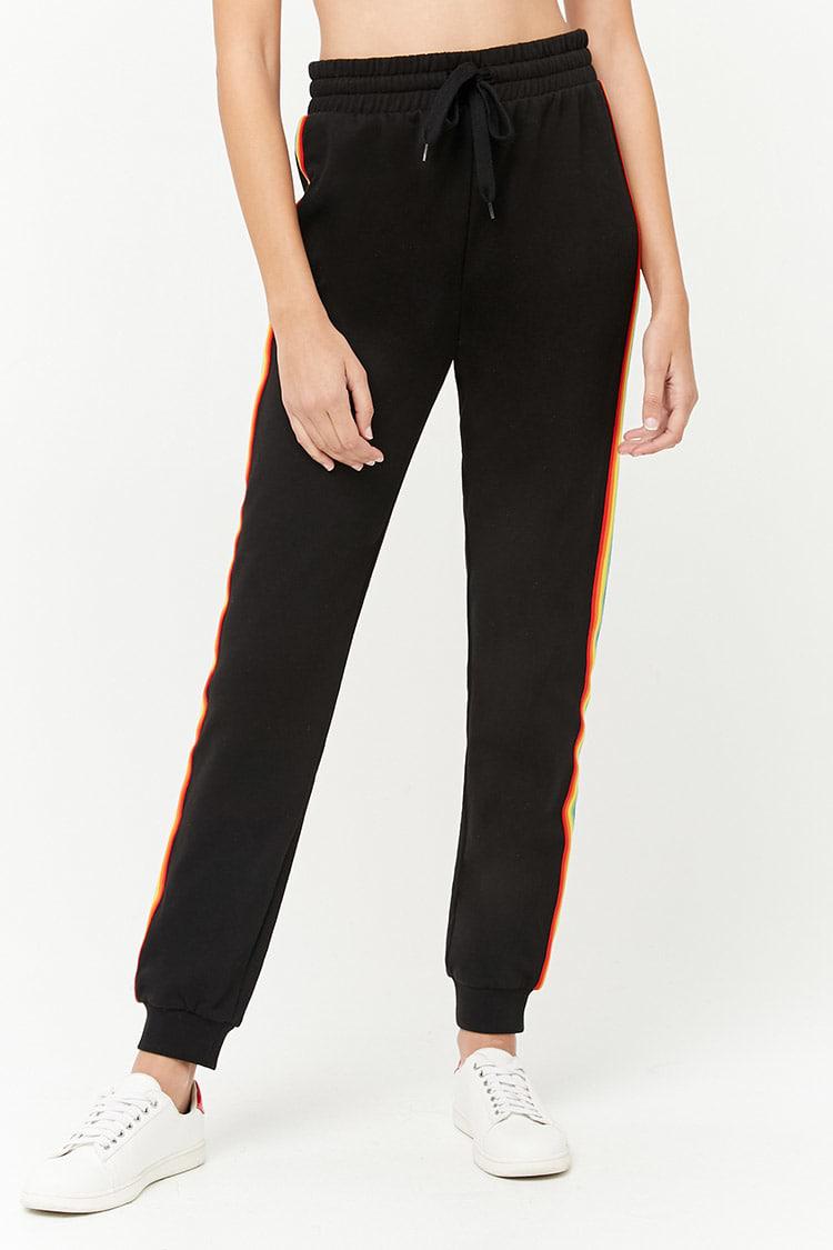 black joggers with rainbow stripe
