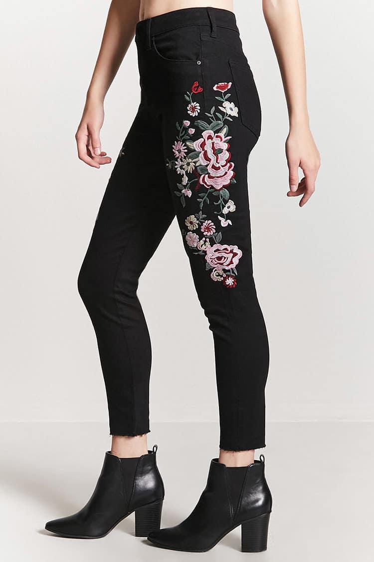 Forever 21 Denim Crane Embroidered Skinny Jeans In Black Pink
