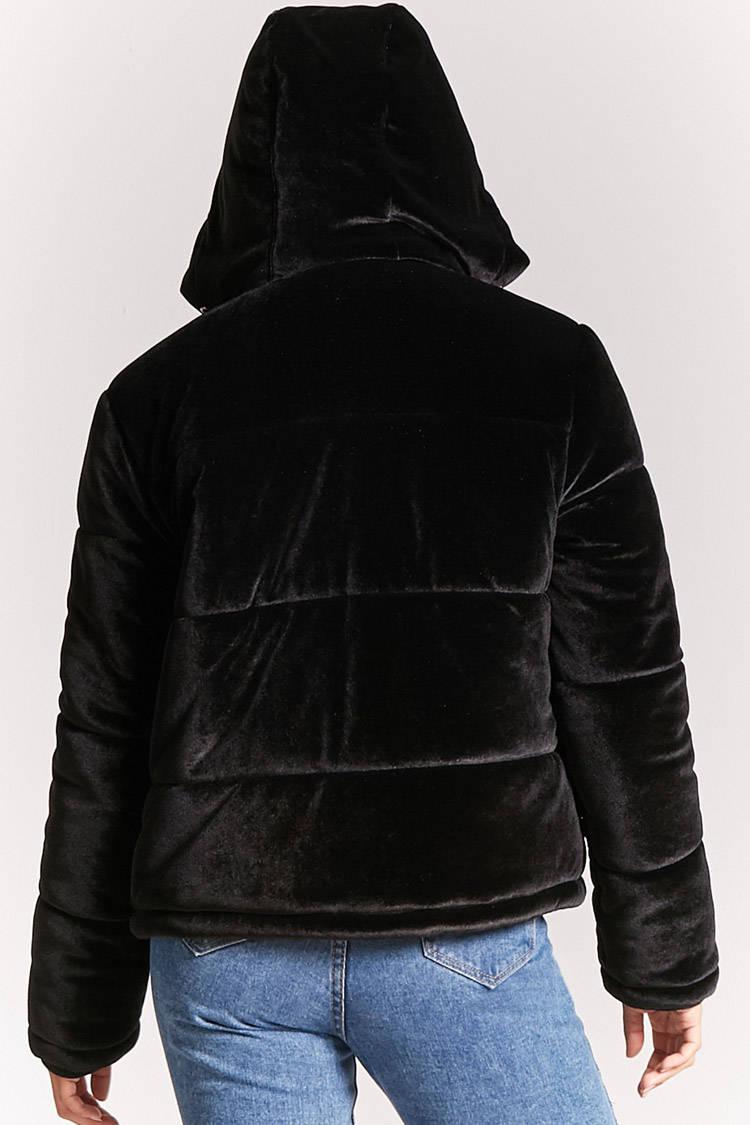 Forever 21 Velvet Hooded Puffer Jacket in Black - Lyst