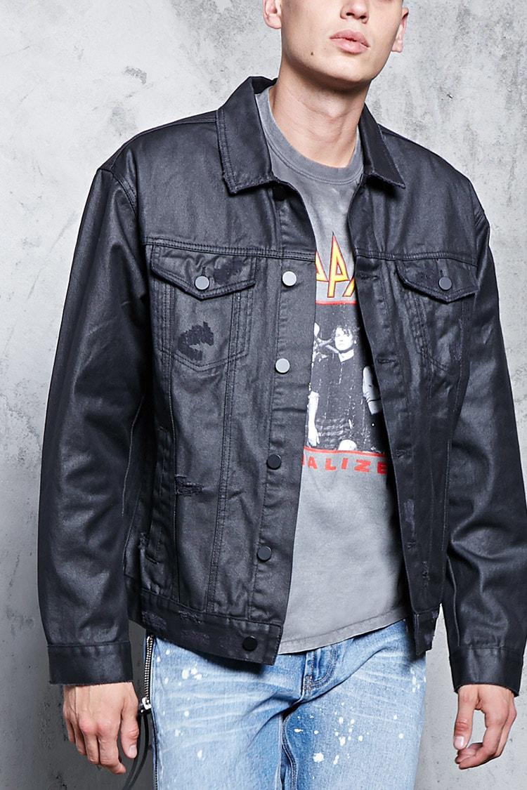 Forever 21 Distressed Waxed Denim Jacket in Black for Men | Lyst