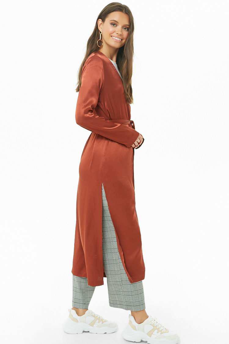 Forever 21 Satin Longline Cardigan in Chestnut (Brown) - Lyst