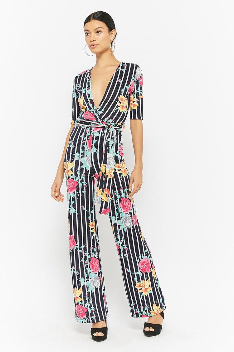 striped surplice jumpsuit