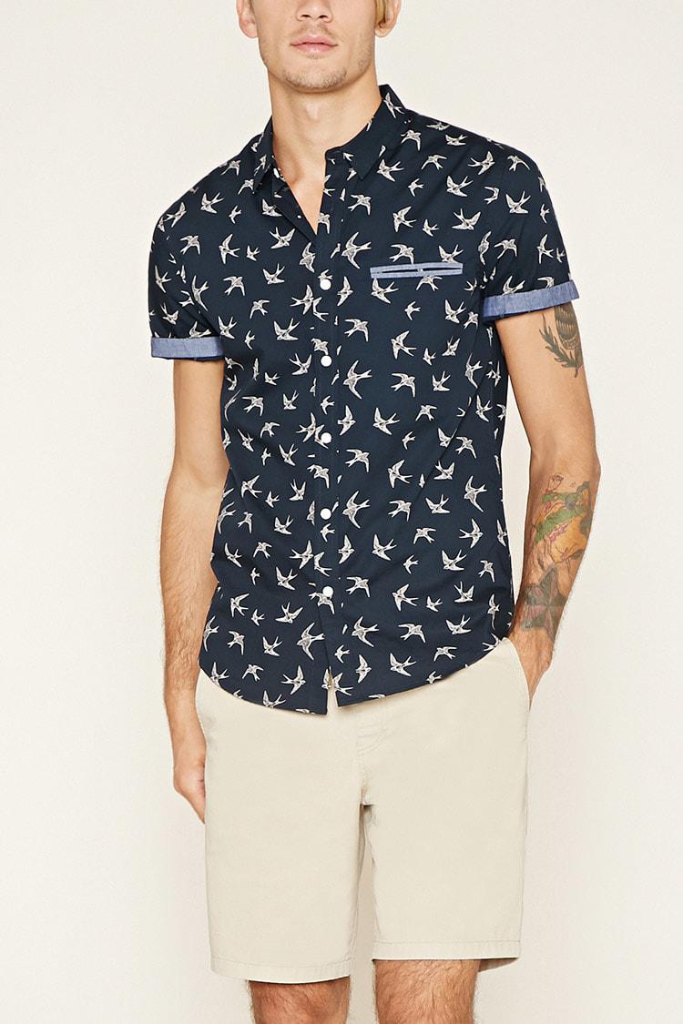 Forever 21 Cotton Swallow Print Shirt in Navy/Cream (Blue) for Men - Lyst
