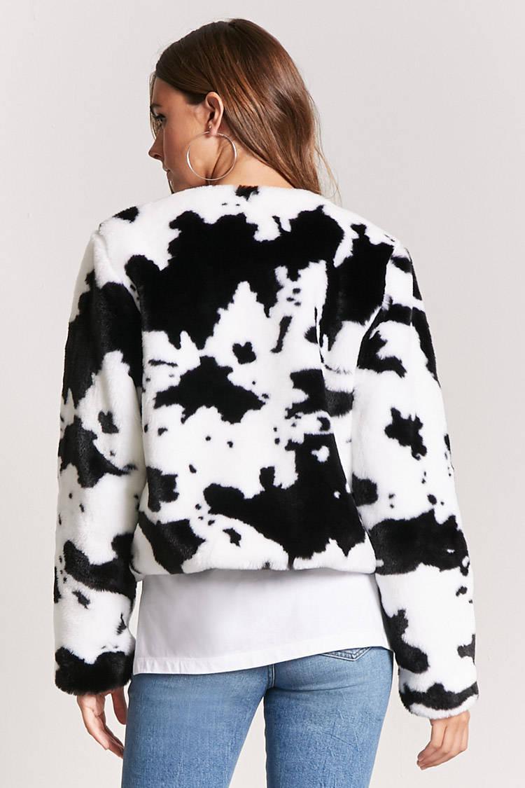 faux fur cow print coat