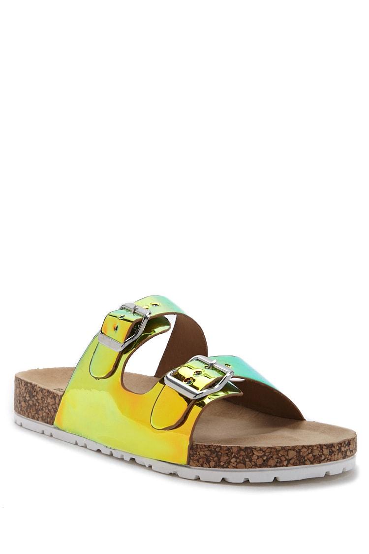 double buckle iridescent slide sandals