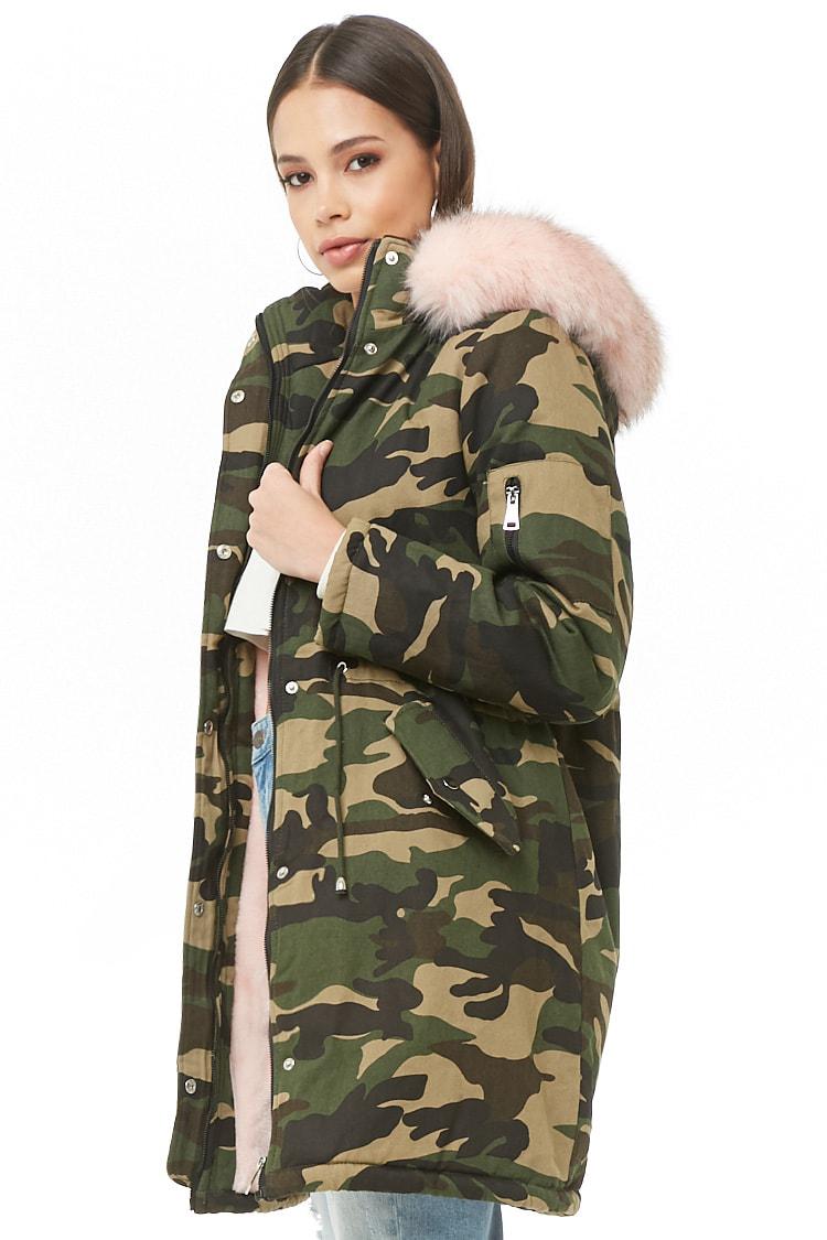 Forever 21 Cotton Faux Fur-trim Hooded Camo Jacket in Olive/Pink (Green) -  Lyst