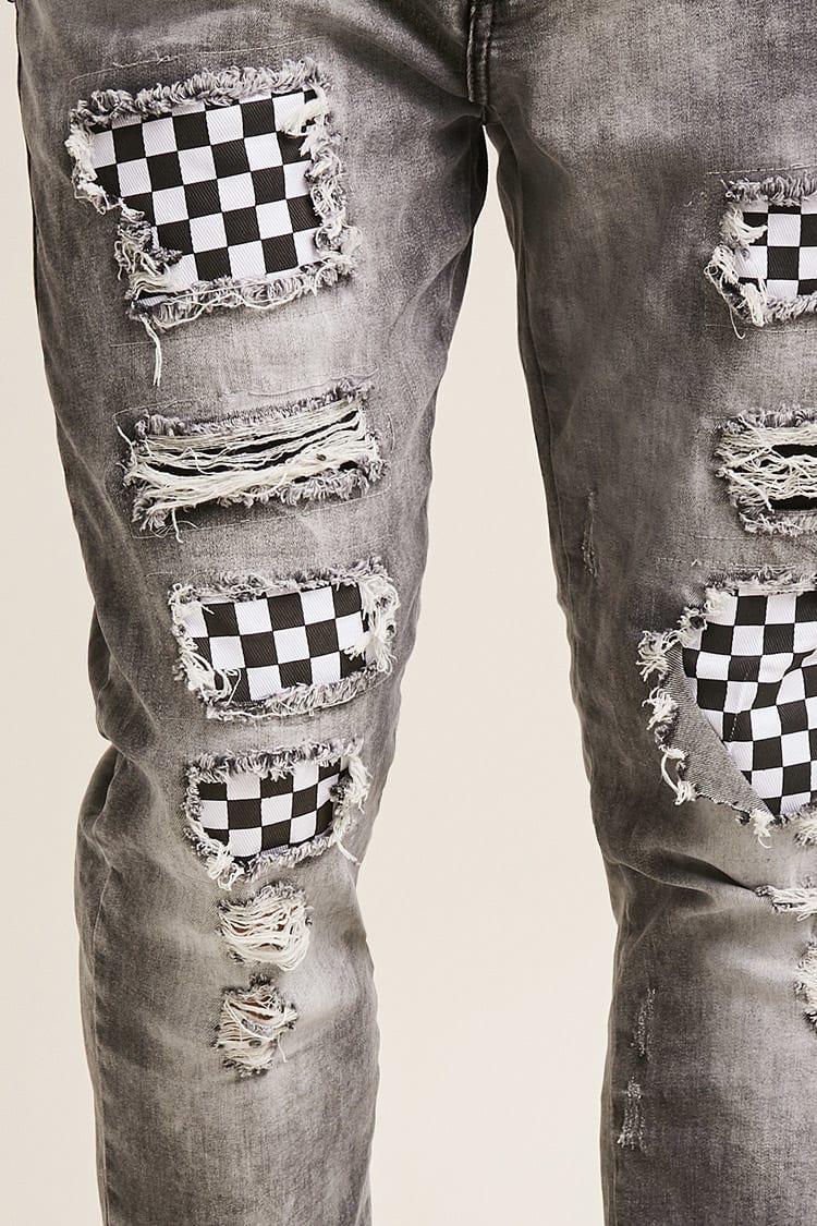 guys checkerboard patch distressed jeans