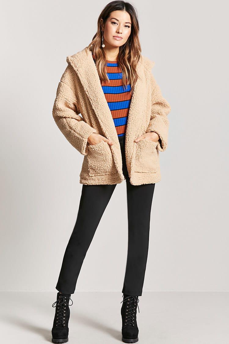 Forever 21 Synthetic Hooded Faux Shearling Jacket Lyst