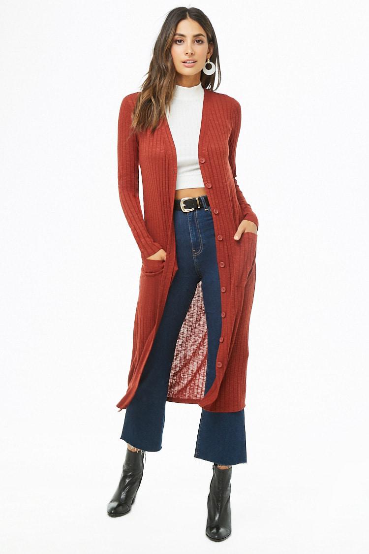  Forever  21  Synthetic Ribbed Longline Cardigan  in Rust Red  