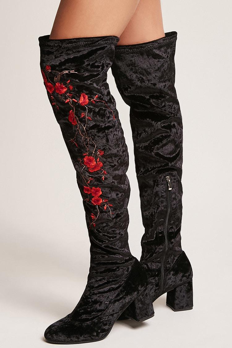 Forever 21 Embroidered Velvet Thigh-high Boots in Black - Lyst