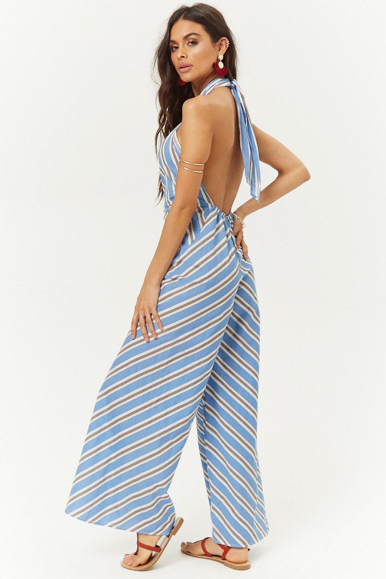 stripe halter wide leg jumpsuit